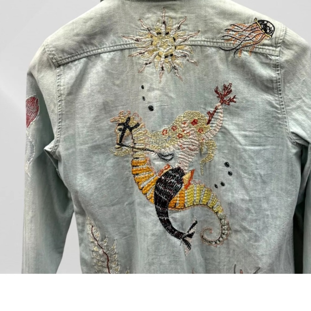 MOTHER Foxy Boxy Buried Treasure Embroidered Shirt Denim Indigo In Blue S Small - Picture 5 of 9